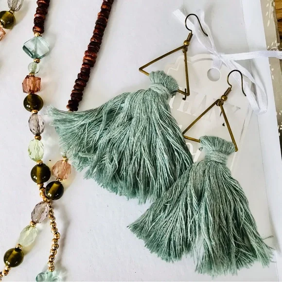 Sage Green Blue Tassel Earrings - Picture 5 of 7